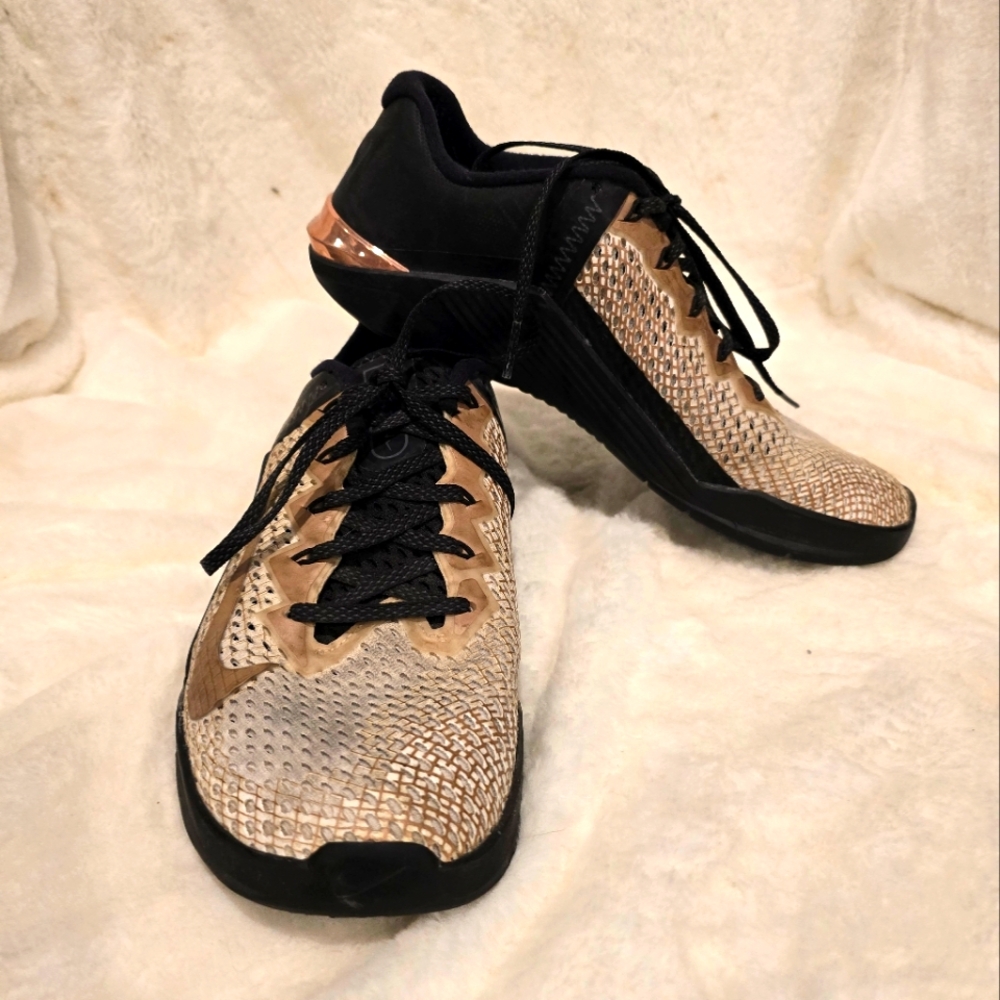 Custom white gold black Nike Metcons, womens size 10